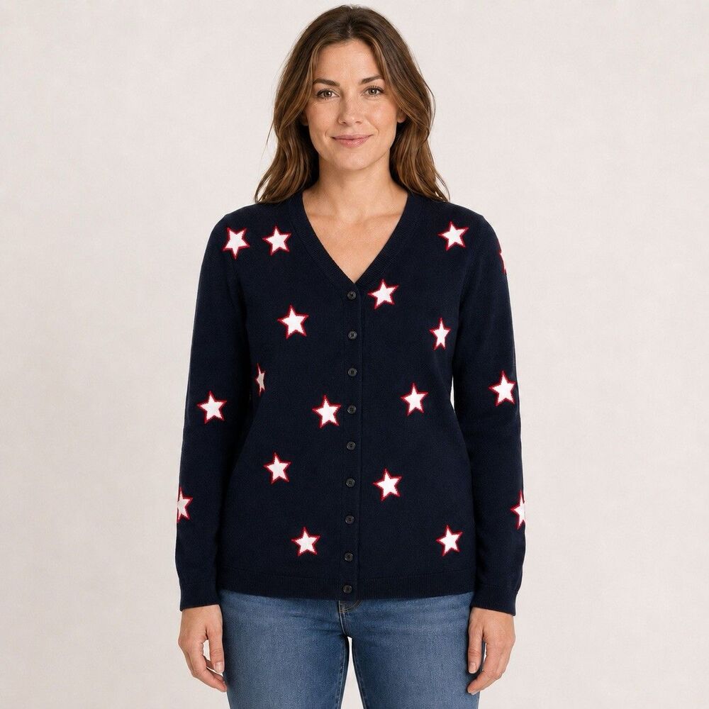 Talbots Women XS Navy Star Cardigan Sweater Red White Patriotic Button Front